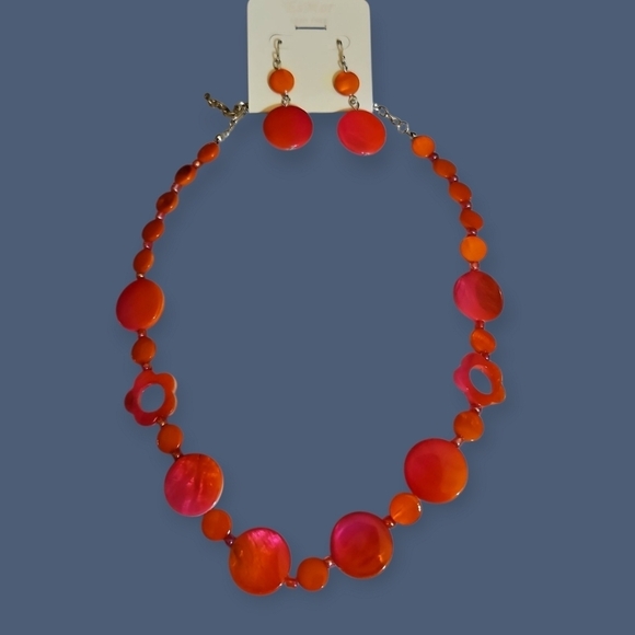 Es Mor Jewelry - Vtg ES MOR 1980s Neon Hot Pink Circle Floral Shell Necklace and Earring Set